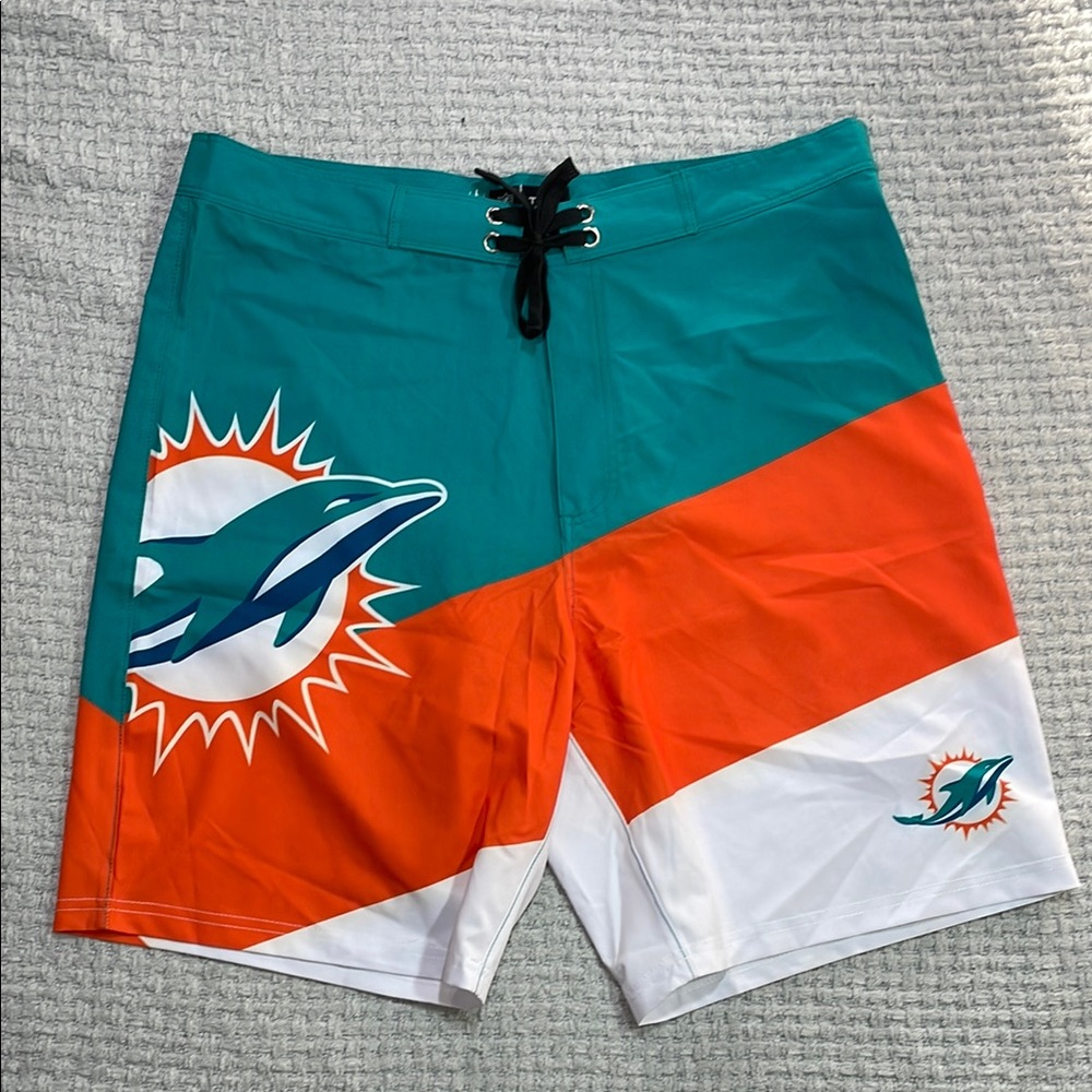 NFL Team Miami Dolphins Color Dive Boardshorts Teal Orange White Logo Size Large